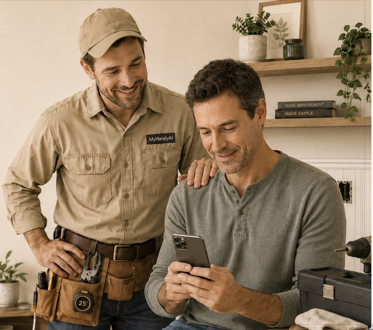 Two men looking at the MyHandyAI app on a phone while working on a home repair, tool belt and drill in view