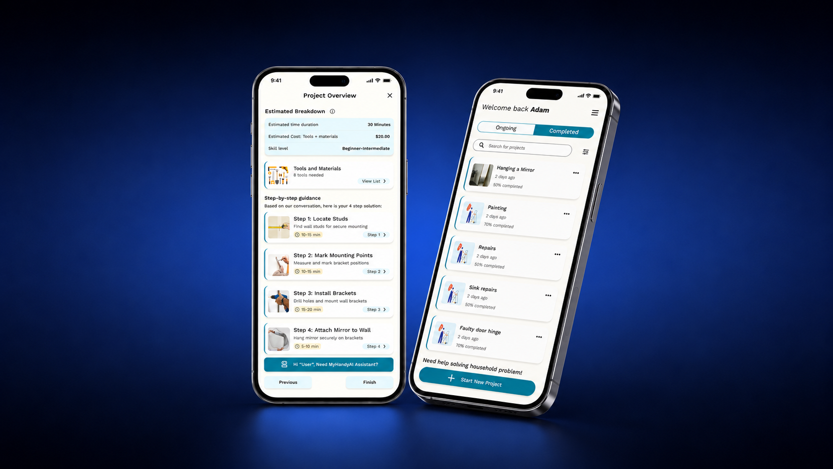 MyHandyAI mobile app hero screens — project overview with estimated time, cost, skill level, tools and materials, and step-by-step guidance, alongside a home screen showing ongoing and completed repair projects