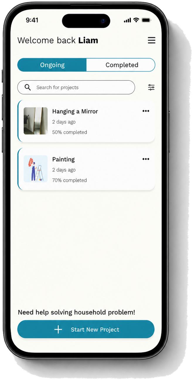 Home screen — ongoing and completed home repair projects, start new project
