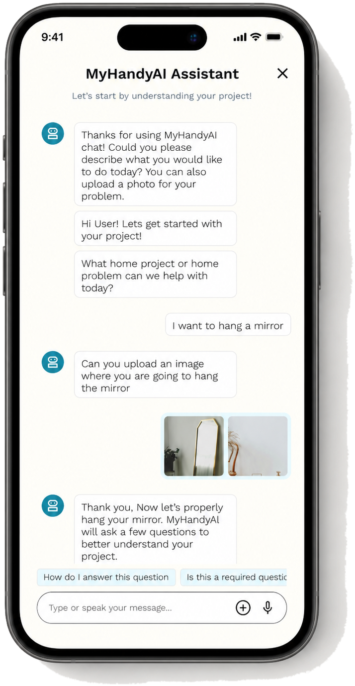 Describing the project screen — chat interface asking the user to describe the repair and upload photos