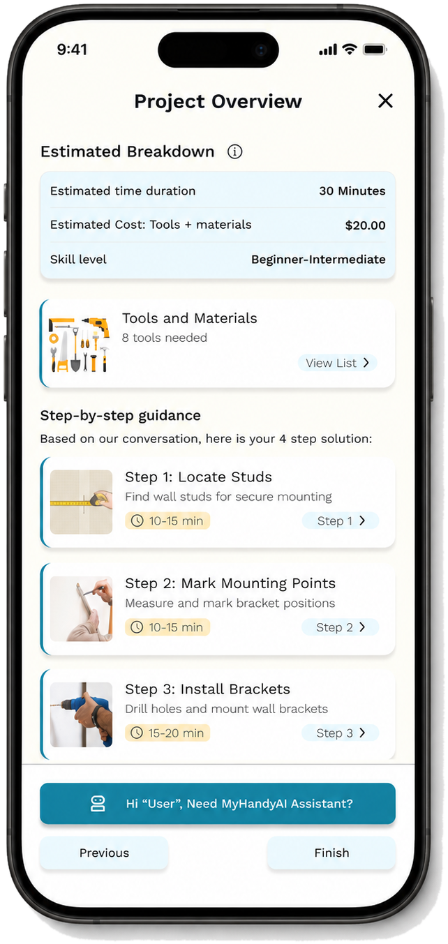 Project overview screen — estimated time, cost, skill level, tools needed, and step-by-step plan