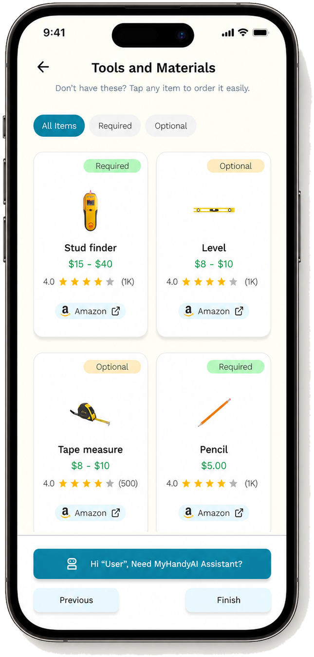 Tools and materials screen — required and optional items with prices, ratings, and Amazon links