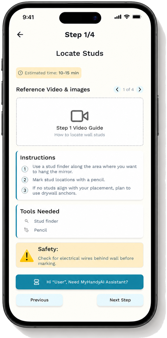 Step-by-step guidance screen — video guide, numbered instructions, tools needed, and safety warning