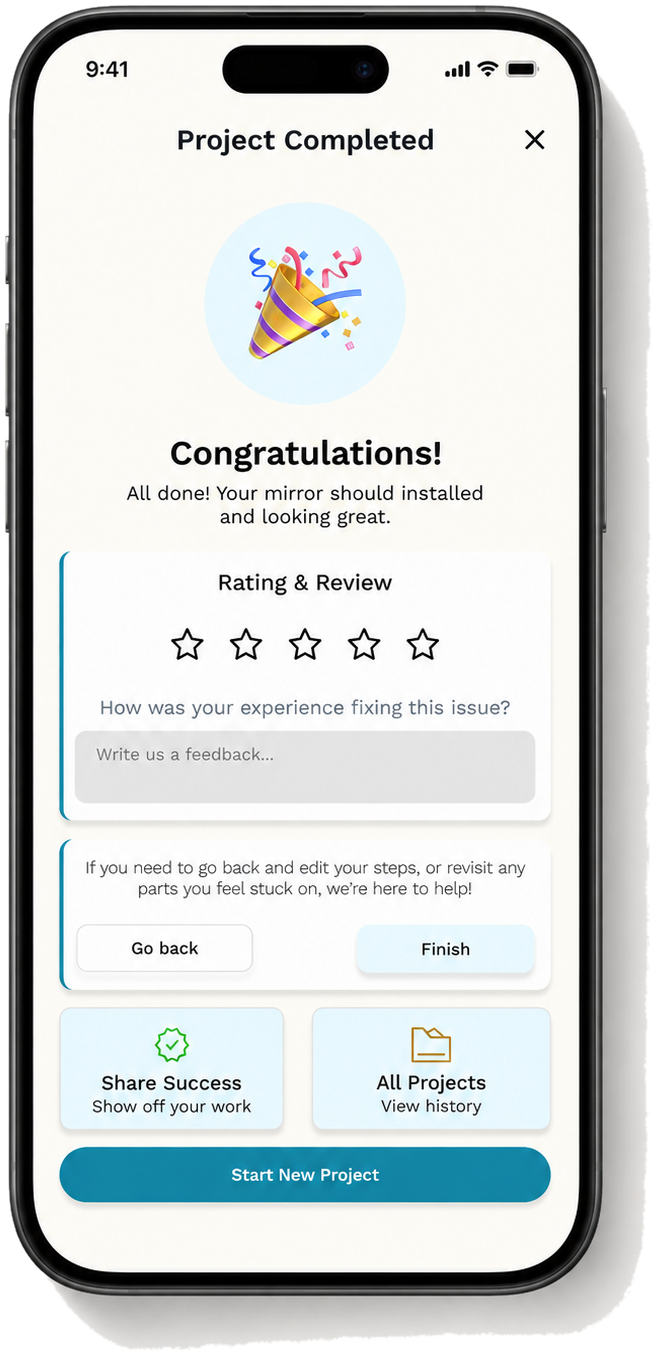 Project completed screen — congratulations message and rating and review prompt