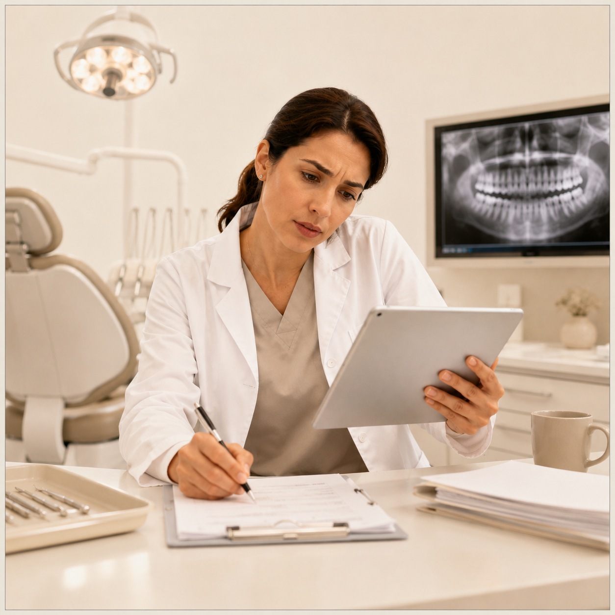 A dentist reviewing an X-ray on a tablet at her desk