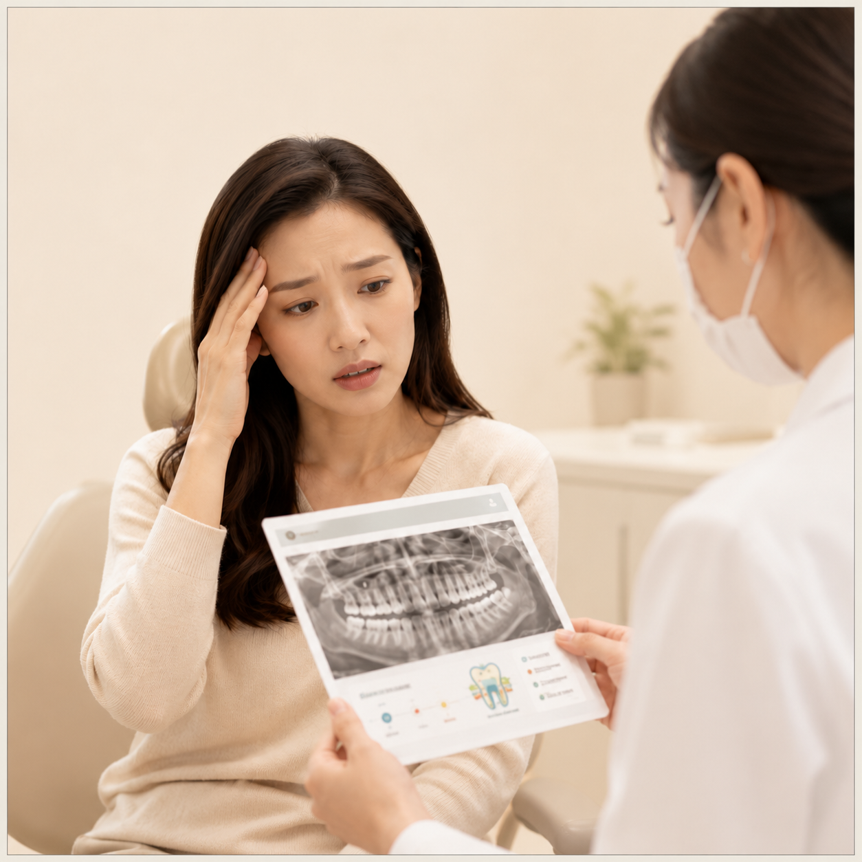 A worried patient looking at her X-ray results with her dentist